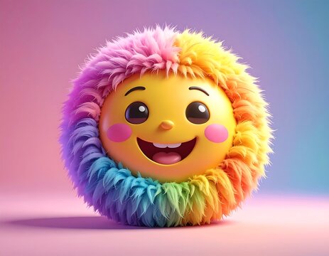 Fluffy, round emoji with rainbow-colored fur, big eyes, a bright smile, and rosy cheeks on a soft background - Powered by Adobe