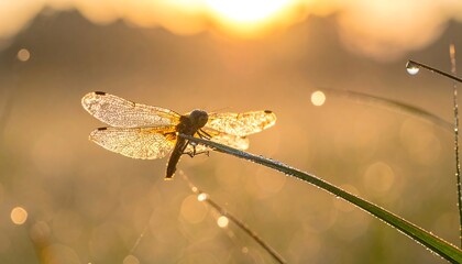 Golden dragonfly perched on dewy grass at dawn, blurred backdrop of sunlit field and hazy sky