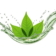 Green leaves in clear water splash liquid nature
