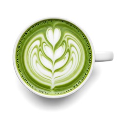 Green matcha latte with white foam art in a white mug