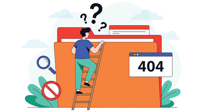 Vector art of a man is climbing a ladder to reach a folder with a 404 error message, he is trying to fix the problem and find the missing file