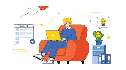Vector art of a man is sitting on a chair with a laptop and working on a todo list, he is managing his time and tasks effectively