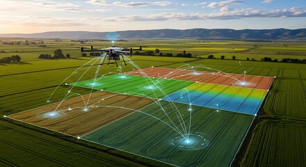 Drone surveying cultivated farmland using modern technology in agriculture