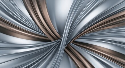 Abstract swirling metallic ribbons creating a dynamic tunnel effect with silver and bronze hues