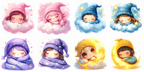 Sleeping Dream Character on Cloud – Soft Pastel Chibi Illustration, generated ai