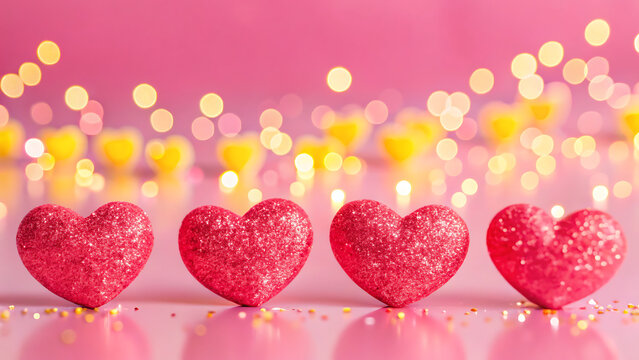 Four sparkling red glitter heart shapes arranged in a row on a reflective pink surface with a soft bokeh background of golden lights - Powered by Adobe