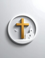 Obraz premium Abstract religious symbol, featuring a golden cross within a white circle, and a white church. The design is clean and modern