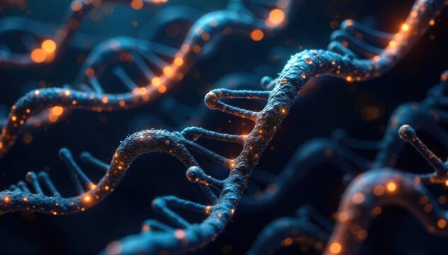 Synthetic DNA strands encoding advanced algorithms, creating living code for future bio computers. A stylized, artistic representation of vibrant, glowing synthetic DNA double helices interwoven with