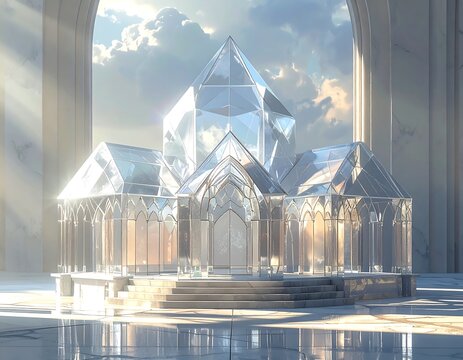 Ethereal glass building with pyramid apex, framed by marble columns under soft clouds in a bright, tranquil setting