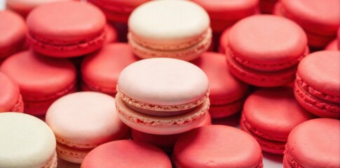 Obraz premium Holiday Peppermint Macaron Cascade A visually appealing cascade of red and white striped peppermint macarons, artfully arranged in a pile, highlighting their smooth shells and delicate texture. Studio