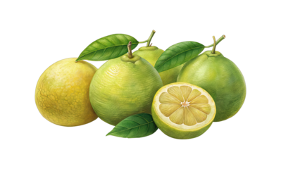 Detailed botanical illustration of pomelo citrus fruits and green leaves on black