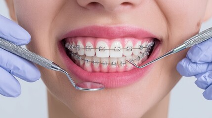 Closeup of dental examination with metal braces and mirror showing orthodontic treatment and healthy smile