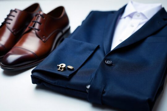 A neatly folded business suit and accessories laid out on a hotel bedspread, suggesting preparation for meetings. A high angle, flat lay photograph of a neatly folded dark navy business suit, a crisp