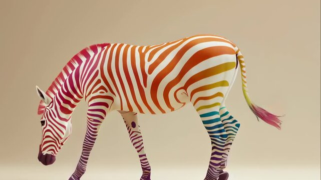 Colorful zebra walking peacefully from right to left, showcasing vibrant rainbow stripes and unique animal pattern creative design footage