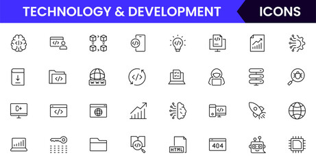 Technology & Development vector web line icon collection, sleek illustrations of coding, devices, AI, innovation for cutting-edge tech designs.