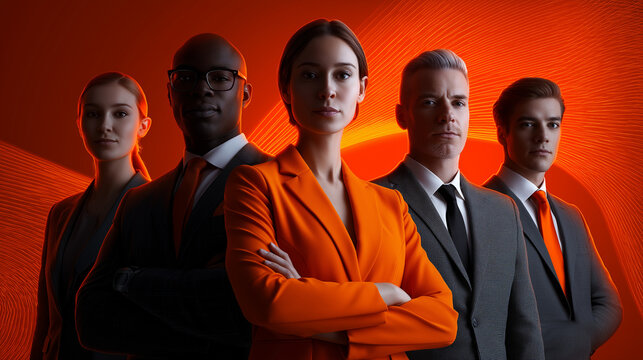 Multikulturelles Gesch&auml;ftsteam von f&uuml;nf Personen in schwarzen Anz&uuml;gen mit Neon-Effekt, Frau in orange Anzug