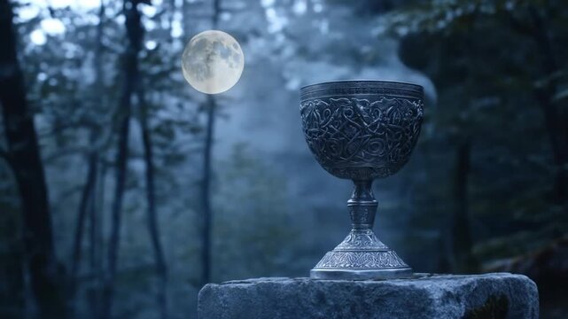 Mysterious chalice beneath a full moon in forest setting