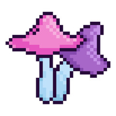 Fototapeta premium Halloween Pixel art mushroom in pastel pink and purple tones. Kawaii 8 bit retro fantasy fungi illustration perfect for games, stickers, prints, autumn projects, and magical themed designs.
