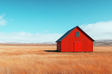 Obraz premium Iconic red barn in vast golden field under clear blue sky rural landscape scenic view high resolution photo