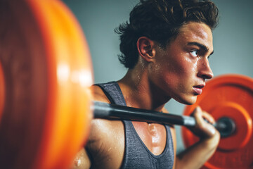 Momento de esfuerzo físico en levantamiento de peso, capturando intensidad, concentración y reto personal superado.Persona sudorosa realiza sentadilla con barra y discos.