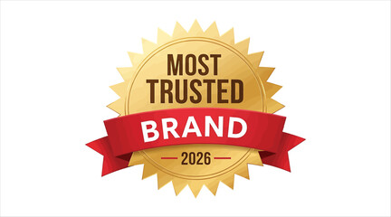 Vector art of most trusted brand badge with gold star and red ribbon vector illustration of a label for product or service with a modern design