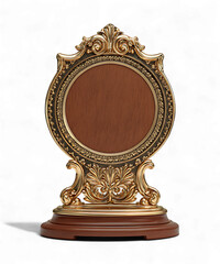 Ornate antique gold picture frame with brown insert, isolated on transparent background