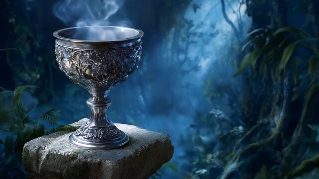 Ornate chalice on stone with mystical steam dark background