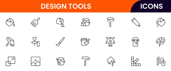 Design Tools Vector line icon collection showcasing creative tools including brushes, pencils, palettes, design software, and editing gear ideal for artistic and design platforms.