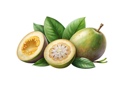 Elegant still life illustration of sliced granadilla fruit with leaves on black