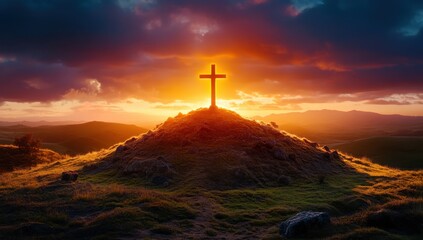 A wooden cross stands silhouetted against a vibrant sunset on a grassy hilltop, symbolizing faith and hope