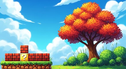 Fantasy Nature Game Scene with Bright Sky, Red Tree, and Pixel Art Ground for Level Design
