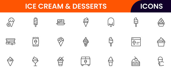 Ice Cream & Desserts vector web line icon collection: sweet illustrations of treats, cones, and sundaes for delightful designs.