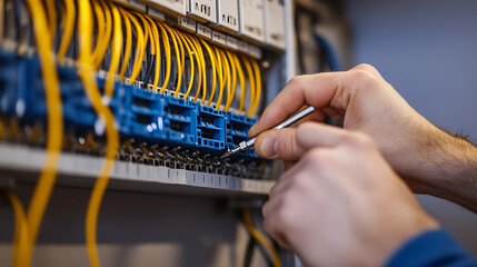Technician meticulously working on electrical wiring, ensuring precise connections. Expertly managing cables in a system's critical maintenance phase. Yellow wires, blue ports.
