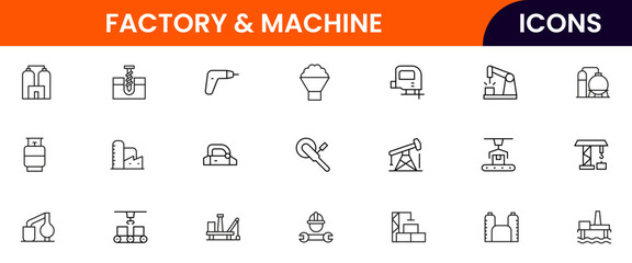 Factory & Machine vector web line icon collection, sleek illustrations of industrial tools, EV production, and automated manufacturing systems.