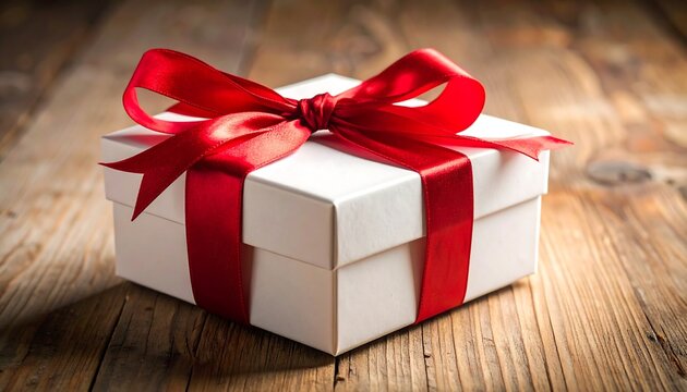 White gift box tied with a bright red satin ribbon bow on rustic wood surface with blurred background - Powered by Adobe