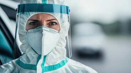 A healthcare worker in protective gear, including a mask and face shield, looks directly at the camera, highlighting the seriousness of safety measures.