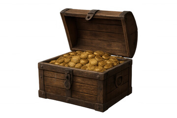 Wooden treasure chest overflowing with gold coins, symbolizing wealth, discovery, and fortune on transparent background