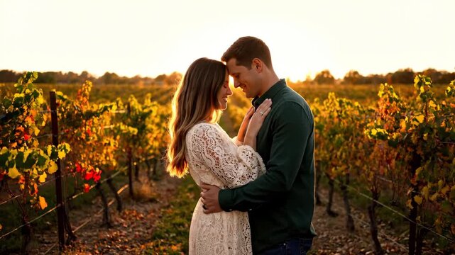 Romantic Couple in Vineyard at Sunset - A loving couple embraces in a sunlit vineyard. The woman wears a white lace dress and the man is in a green shirt, with rows of grapevines stretching into the