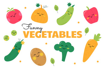 Set of cute vegetables. Vegetables for children's educational materials, books, and more Simple vector illustration