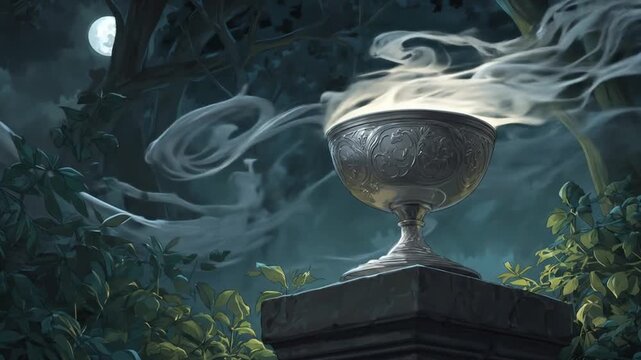 Mysterious goblet with smoke in a forest setting during the night time