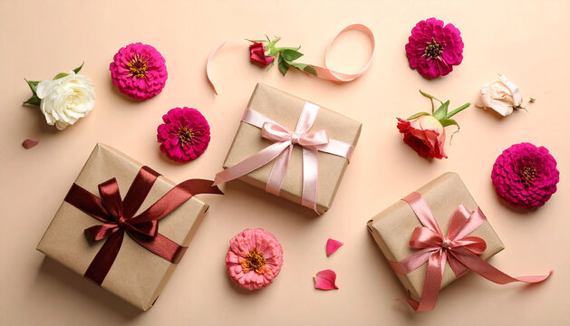 Polka dot pattern gift box with ribbon falling on pink background, invitation. Background landscape - Powered by Adobe