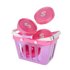 3d icons of pink plastic shopping basket  with dollar coins.
