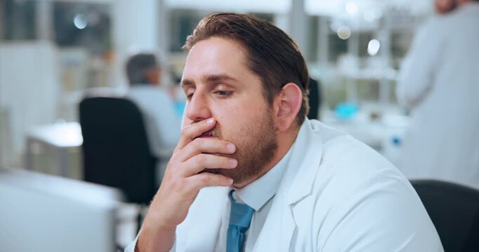 Scientist, mistake and man with computer, lab and shocked by bad news on website, stress and online. Reading, negative feedback or surprised by error on medical research, glasses and person in clinic
