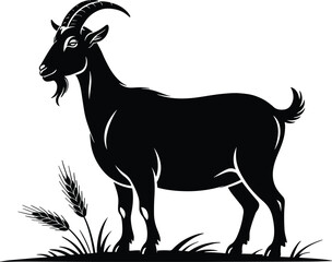Black goat silhouette standing in grass with wheat stalks illustration