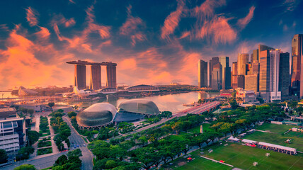Singapore Skyline and view of skyscrapers on Marina Bay at sunsrise.