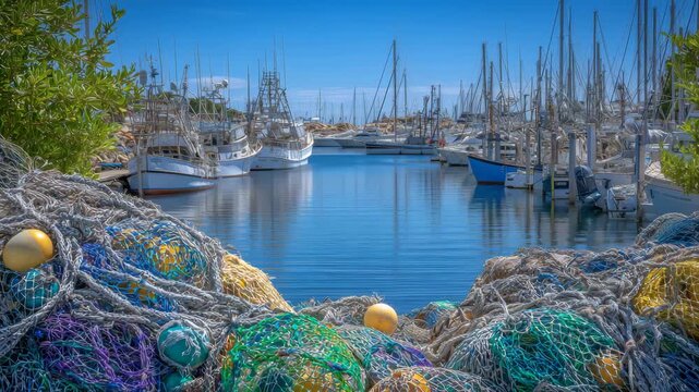 89Fishing nets scattered across a dockside pier, buoys and floats tangled within, reflections of yachts and sail masts dancing on the water