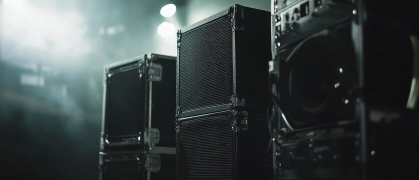 Black speakers stacked dark lighting music event audio equipment
