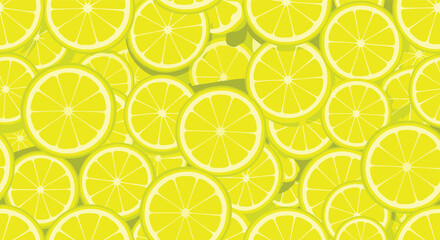 A bright and vibrant background of many overlapping yellow lemon slices creating a refreshing citrus pattern.