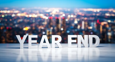Year end text in 3d letters with city skyline bokeh background at night