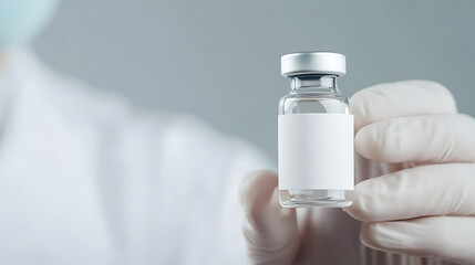Close-up of a gloved hand holding a vaccine vial with a blank label, showcasing healthcare and medical research advancements in a clinical setting. Vaccination concept